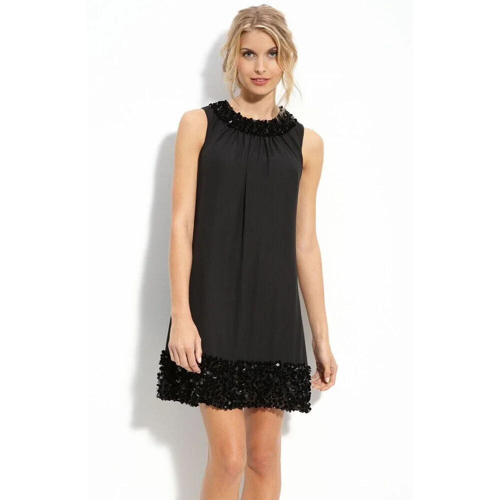Betsey Johnson Trim Chiffon Trapeze Silk Dress Size 4 Black Evening Cocktail